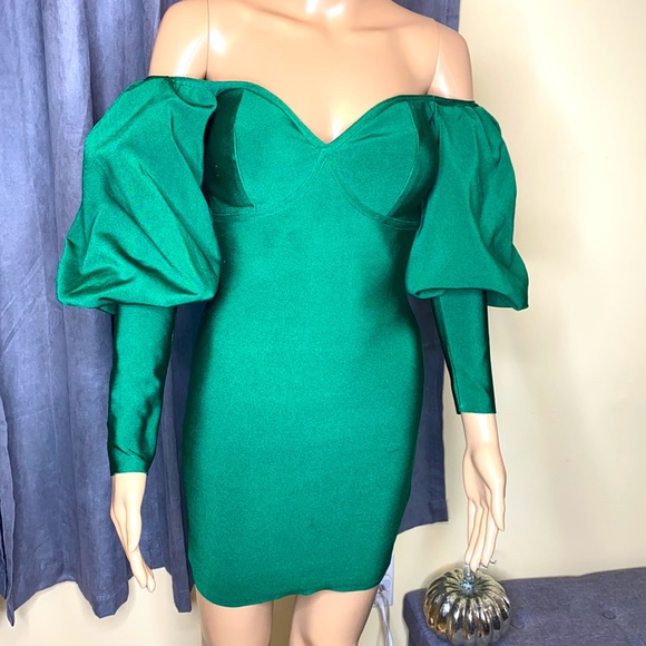 Green puff sleeve bandage dress - Picture 1 of 7